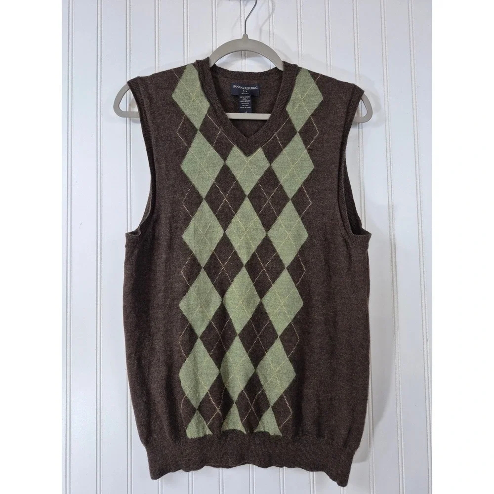 Banana Republic Mens Brown Argyle 100% Merino Wool V-Neck Sweater Vest Size M